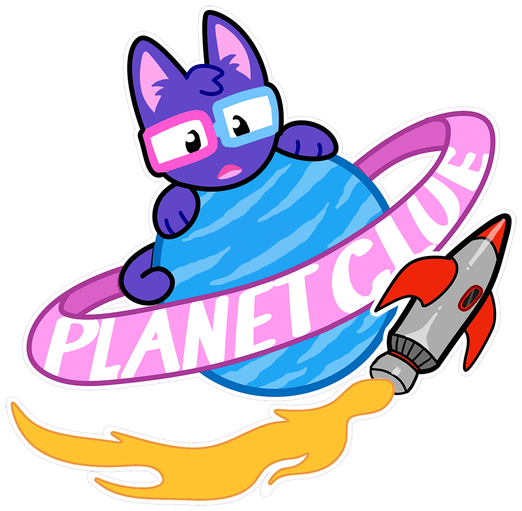 kaykay sitting atop a planet labeled 'planet clue', with a rocket ship flying past