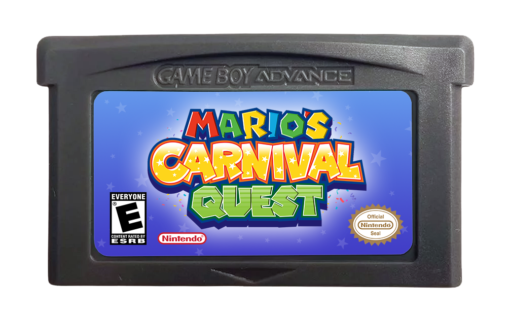 A Game Boy Advance cartridge with title art for Mario's Carnival Quest