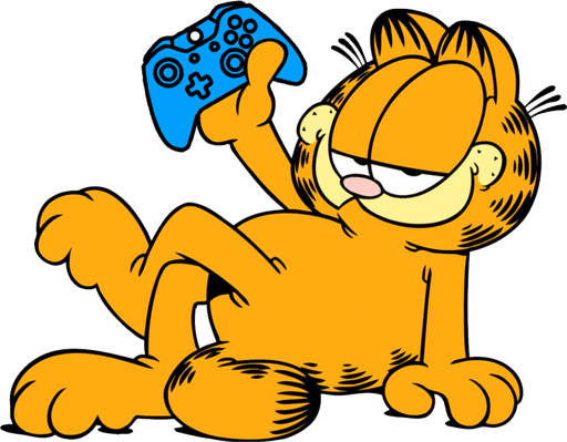 Garfield reclining and holding a video game controller