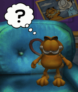 Garfield sitting on a couch, with a thought bubble reading '?'