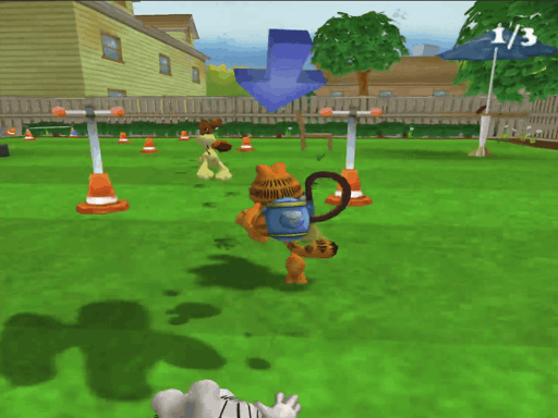 Garfield chasing Odie through a back yard