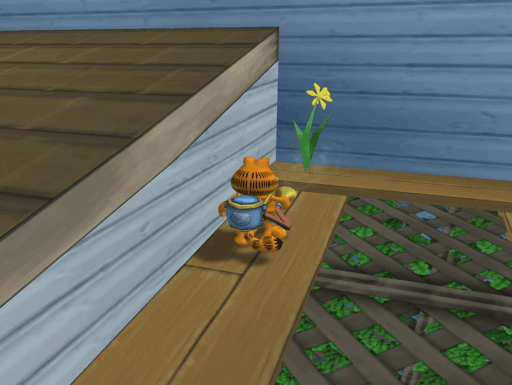 Garfield collecting a flower on a roof
