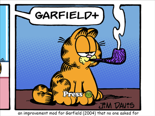 Garfield title screen, showing a comic panel overlaid with 'Press A'