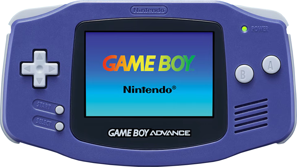 A purple Game Boy Advance showing the title screen for Mario's Carnival Quest