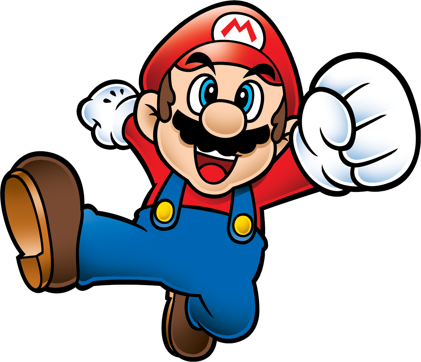 Mario smiling while jumping into the air, with his fist held out ahead of him