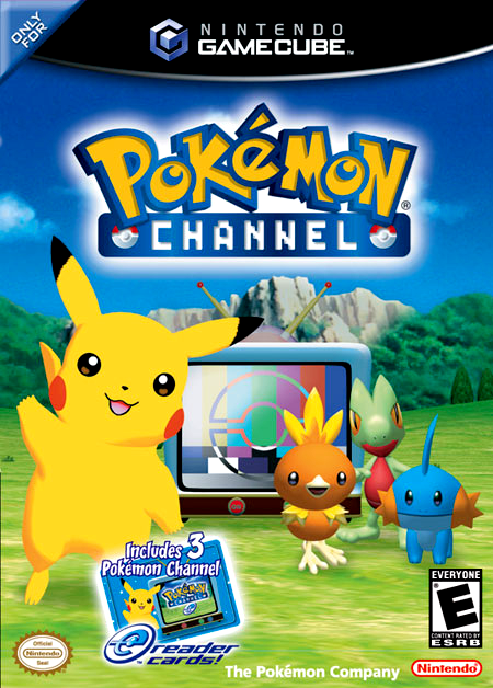 The front of the Pokemon Channel game box, showing Pikachu, Torchic, Treecko, and Mudkip around a television in a grassy field