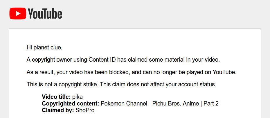 Screenshot of a Content ID claim on YouTube, placed against a livestream video of Pokemon Channel