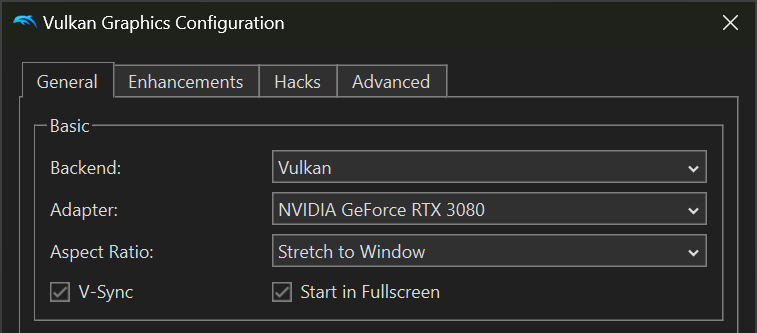 Screenshot of the Dolphin Graphics Configuration menu, with the Aspect Ratio set to Stretch to Window and the Start In Fullscreen checkbox enabled